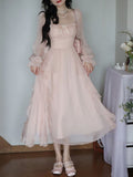 Pink Chiffon Vintage Sweet Dress Women A-Line France Elegant Party Midi Dress Female Korean Style Flare Sleeve Dress Summer