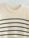 Women Classical Striped Print Casual Loose Knitting Sweater Female Long Sleeve Chic Side Split Leisure Tops CT2203