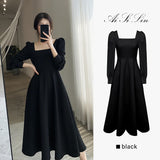 Black Hepburn Dress Women's  High Waist Thin French Square Collar Long Sleeve Little Black Vestidos Elegantes Para Mujer