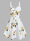 Floral Print Bowknot Ruffled Mini Escapism Resort Style Sundress Easter Summer Mock Button Ruched Bust Garden Party Dresses