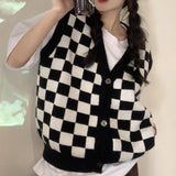 Korean Style Checkerboard Knitted Sweater Vest Women V-neck Oversized Plaid Preppy Fashion Sleeveless Knitwear Jacket