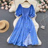 YuooMuoo Fast Shipping Women Dress Fashion Romantic Floral Print Split Long Summer Dress Puff Sleeve Party Korean Vestidos