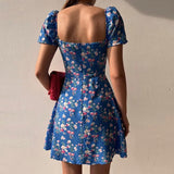 Summer Print Dress French Style Puff Sleeve Floral Off Shoulder Mini Dress Casual Corset Strapless Women Dress