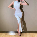 Elegant Black Sleeveless Bandage Sexy Dress For Women Club Party Backless Tank Double Slit Side Cutout Skinny Evening Dresses