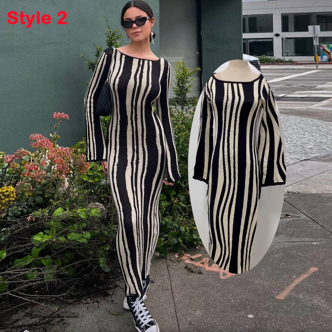 Autumn Knitted Maxi Dress Flare Long Sleeve Bodycon Dress for Women Elegant Sexy Cut Out Wave Christmas Party Evening Outfits