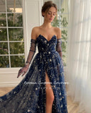 Darianrojas Glitter Navy Blue Starry Tulle Maxi Prom Dresses Sweetheart High Slit A-Line Evening Party Dresses Formal Prom Gowns