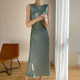 High-End 100 Pure Silk Dress Women's Satin Suspender Long Skirt Mulberry Silk Acetate Slim Fit Round Neck A-Line Skirt