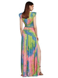 Sexy Deep V Neck Tie Dye Long Dress Summer Women Sleeveless Folds Waist Lace-up Split Dress Elegant Party Holiday Evening Dresse