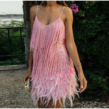 Sexy Tassel Sequins Feather Mini Dress Women Spaghetti Strap Stitching Dresses Female Elegant Evening Party Club Dress