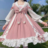 Darianrojas M-4XL Sweet Girly Pink Bow Lolita Dress Loose Long Sleeve Sweet Kawaii Tea Party Princess Cos Lolita OP Dress Fairy Kei