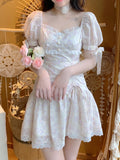 Floral France Sweet Fairy Dress Women Lace Kawaii Vintage Elegant Party Mini Dresses Puff Sleeve Korean Style Dress Summer