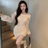 Darianrojas Slash Neck Mesh Pleated Dress Women High Waist Autumn Mini Party Dress Korean Off Shoulder Black Apricot Vintage Sexy