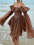 Darianrojas Retro Chic Brown Corset Pleated Summer Dress Off Shoulder Fashion Ruffles Patchwork Beach Women's Dress Sexy Sundress