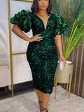 Sequin Dress Bodycon Sexy Deep V Neck Puff Sleeve Retro Vintage Green Red Velvet Tight Midi Dresses Sparkly Cocktail Club Wear