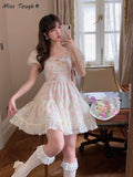 Print Floral Kawaii Sweet Dress Women Red Christmas Elegant Party Mini Dress Off Shoulder France Cute Strap Dress Fairy