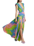 Sexy Deep V Neck Tie Dye Long Dress Summer Women Sleeveless Folds Waist Lace-up Split Dress Elegant Party Holiday Evening Dresse