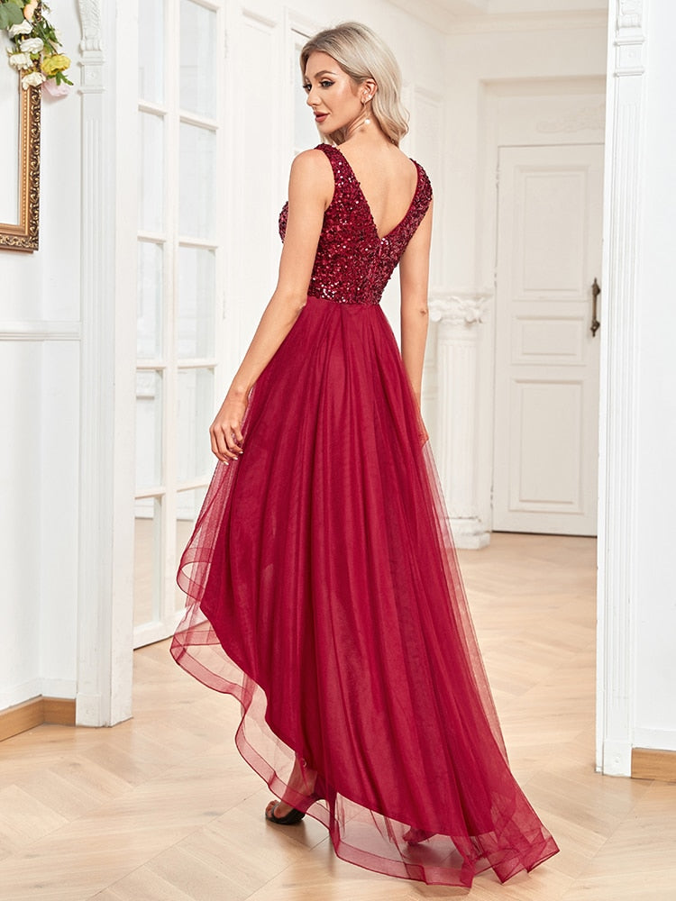 Elegant Women V-Neck Sleeveless Sequin Floor Length Formal Evening Dress Red Prom Wedding Party Cocktail Dress