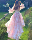Darianrojas Vintage Floral Sweet Midi Dress Women Irregular Elegant Puff Sleeve Fairy Dress Female Autumn Casual Beach Party Dress Chic