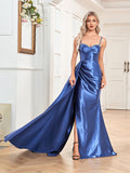 Sexy Evening Celebrity Dresses Ruched Side Slit Straps Ribbons Backless Long Satin Party Cocktail Gowns
