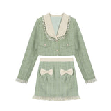 Darianrojas Autumn Winter Sweet Tweed Plaid Skirt Suit Women Cute Bow Lace Woolen Jackets Mini Skirts Green Elegant Set Womens 2 Pieces Chic