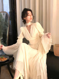 Fairy Pure Color Midi Dress Woman French Elegant Evening Party Dress Long Sleeve  Spring One Piece Dress Korea Fashion Chic