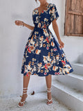 Chiffon Dress Summer Dress  Retro Yellow Red Floral Print Female Casual V-neck Short-sleeved A-line Beach Long Robe Dress