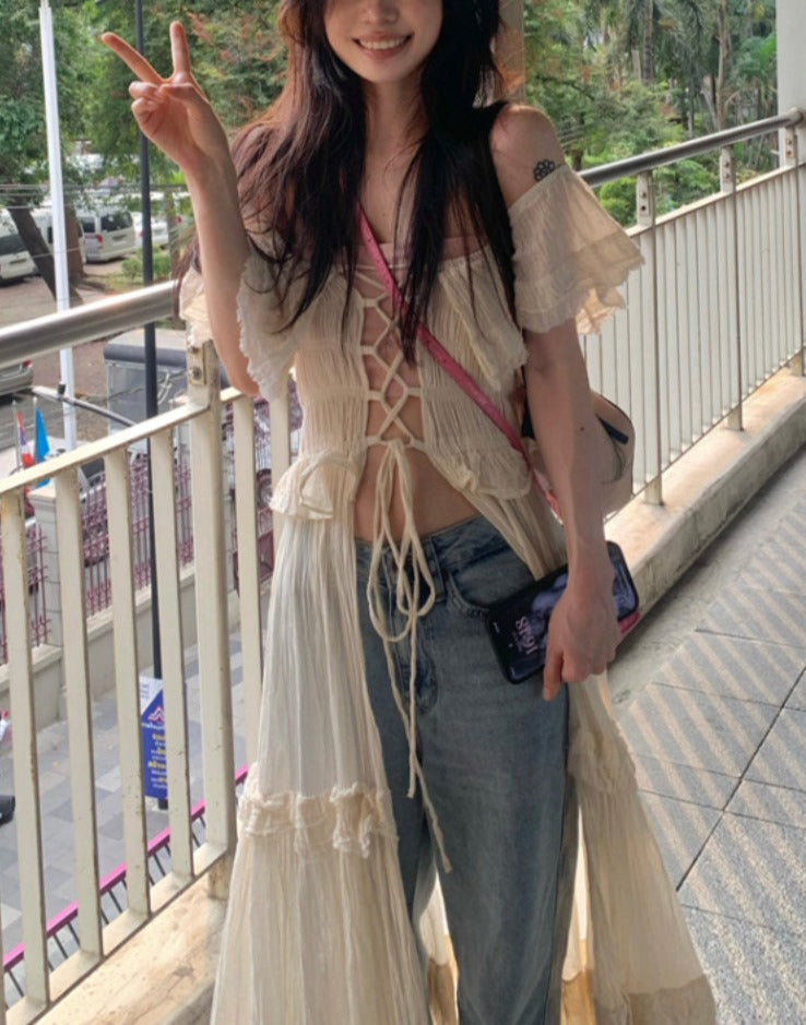 Summer Dress for Women Fashion Vintage Bandage Sweet Ruffles Robe Femme Korean Tunic Maxi Dresses