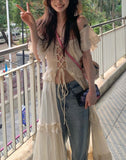 Summer Dress for Women Fashion Vintage Bandage Sweet Ruffles Robe Femme Korean Tunic Maxi Dresses