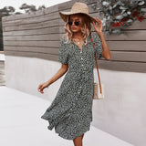 Women Beach Boho Summer Dress Vintage Floral High Waist Short Sleeve Dresses Button V-Neck Holiday Style Female Vestidos