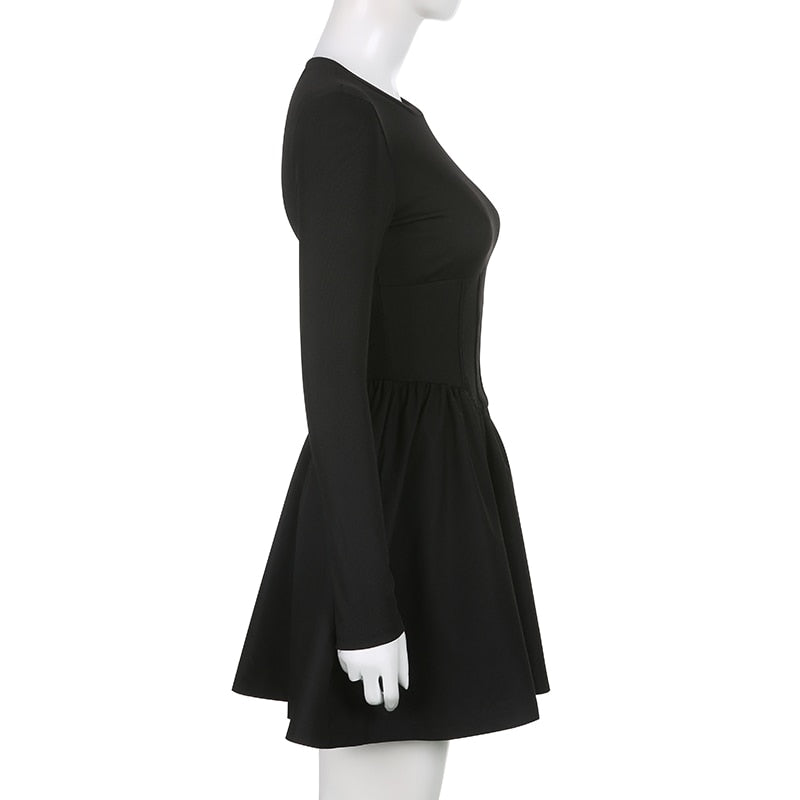 Darlingaga Korean Clothes Long Sleeve Corset Black Dress Female Solid Basic O Neck Fashion Autumn Dress Pleated Slim Elegant New