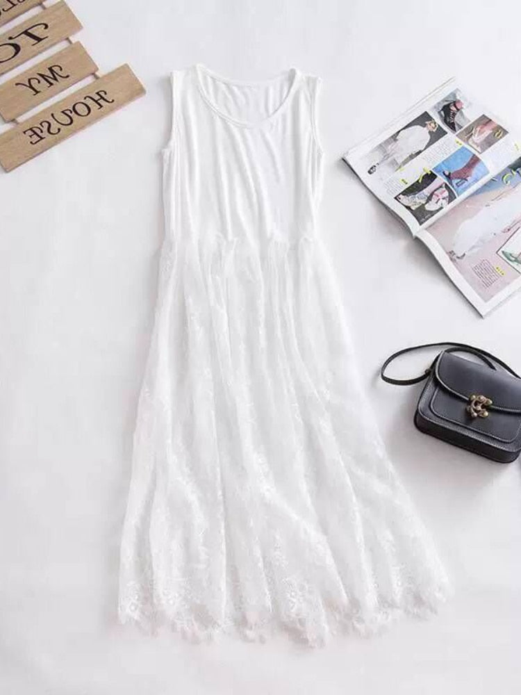 Modal Patchwork Lace Camisole White Bottom Skirt Dress High Waist Sleeveless Mesh Pleated Slip Dress Petticoat Autumn And Summer