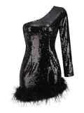 Sexy Luxury Sequins One Shoulder Mini Dress Elegant Black Feather Long Sleeve Backless Slim Dress Celebrity Evening Party Dress
