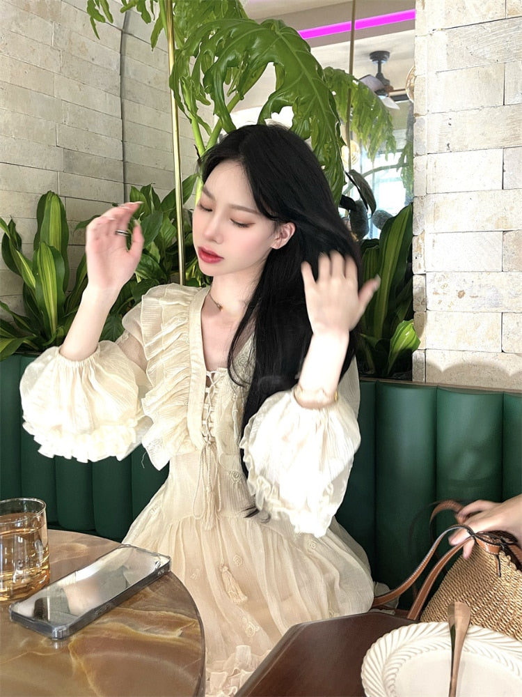 Autumn Fairy Pure Color Mini Dress Woman Casual Long Sleeve Elegant Dress Korean Fashion Short Party Dress Chic Design