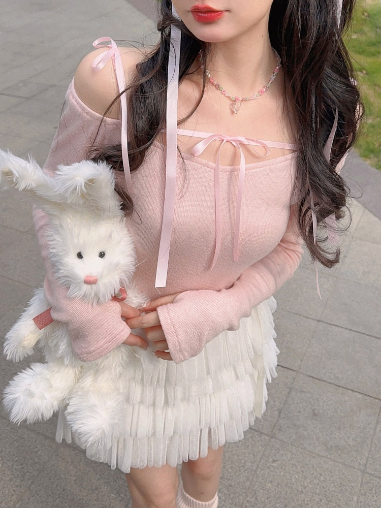 Pink Japanese Lolita Kawaii Blouse Women Off Shoulder Cute Sweet Blouse Female Slim Knitted Korean Fashion Clothing Summer