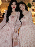 Darianrojas Pink Floral Korea Sweet Elegant Dress Women Bandage Lace Print France Vintage Dress Puff Sleeve Princess Kawaii Fairy Dress