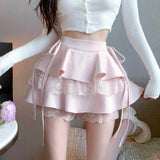 Kawaii Pink Ruffle Mini Skirt Women Fairycore Lace Double-layer Cute High Waist Bandage Sexy Short Skirt Coquette Lolita