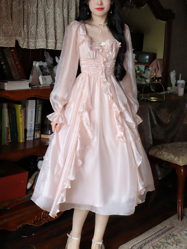 French Vintage Evening Party Midi Dress Women Pink Korean Style Sweet Dress Female Bubble Sleeve Elegant Fairy Dress Autumn