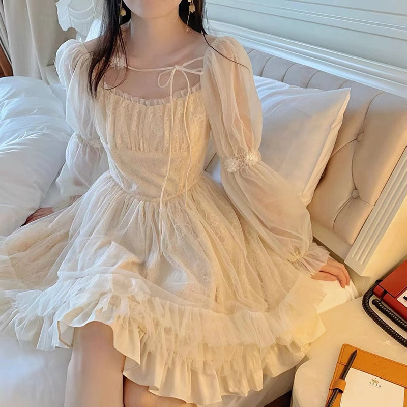 Darianrojas Long Sleeve Kawaii Lolita Dress Women Casual Vintage Mini Dress Female Japanese Fairy Aesthetic Style One Piece Dress