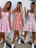 Summer Fashion Short Boho Dress Women Mini Floral Print Dress Female Sleeveless Hanging Belt Printed Waist Folded Dress