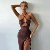 Women Sleeveless Club Party Bodycon Dresses Summer Backless Hollow Out Halter Sexy Long Dress