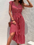 Summer Women's V Neck Holiday Print Short Sleeve Lace Up A Line Chic Floral Dress For Fashion