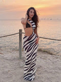 Zebra Print Beach Dress Women Bikini Cover Up Sexy Mesh See Through Long Dress Summer Fashion Cut Out Bodycon Dress