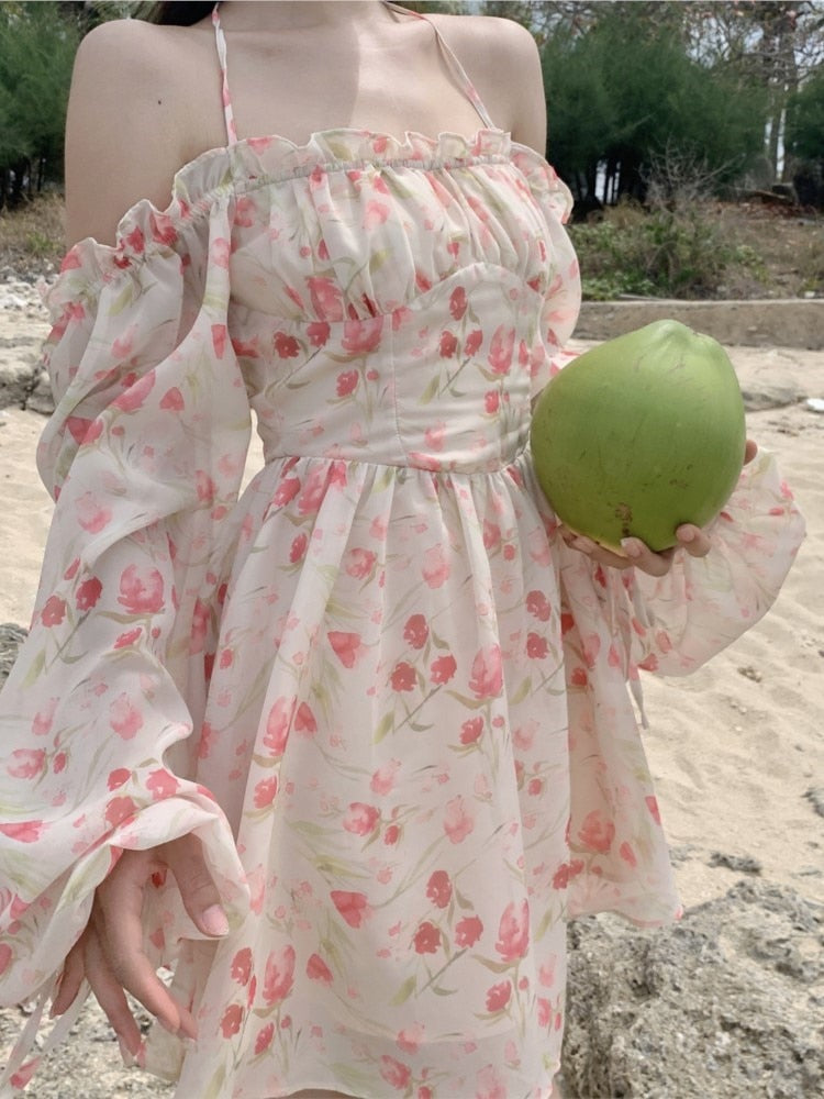 Darianrojas Summer Floral Dress Women Slash Neck Female Long Sleeve Fairy Dress Off Shoulder Pink A-line Elegant Beach mini Dresses