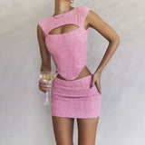 Mingmingxi Pink Sleeveless 2 Piece Dress Set Sexy Cut Out Holiday Party Dresses Casual Cropped Top and Mini Skirt Women