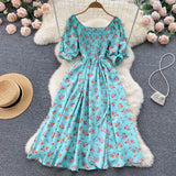 YuooMuoo Fast Shipping Women Dress Fashion Romantic Floral Print Split Long Summer Dress Puff Sleeve Party Korean Vestidos