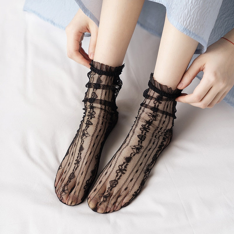 Japan Style Sexy Lace Ruffle Socks Ultra-thin Transparent Summer Hollow Mesh Crew Socks Women Fashion Harajuku Retro Long Socks