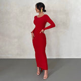 Backless Maxi Dress Elegant Red Long Sleeve Sexy Ruched Bodyocn Evening Party Dress for Women  Spring Slim Christmas Outfits