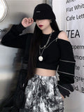 Techwear Goth Cropped Hoodies Women Harajuku Off Shoulder Oversize Sweatshirts Black Zip Up Top Hip Hop Streetwear Punk