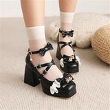 Lolita Shoes For Girl High Heel  Kids Chunky Heel Platform Shoe Bow-knot Black Square Toe Kids Pumps