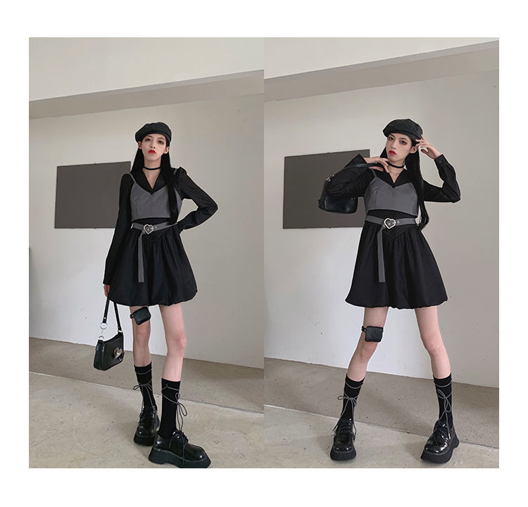 Black Y2K Women Dress Harajuku Casual 2 Pieces Set Vest Long Sleeve Dress Cute New Korean Fashion Summer Female Clothing
